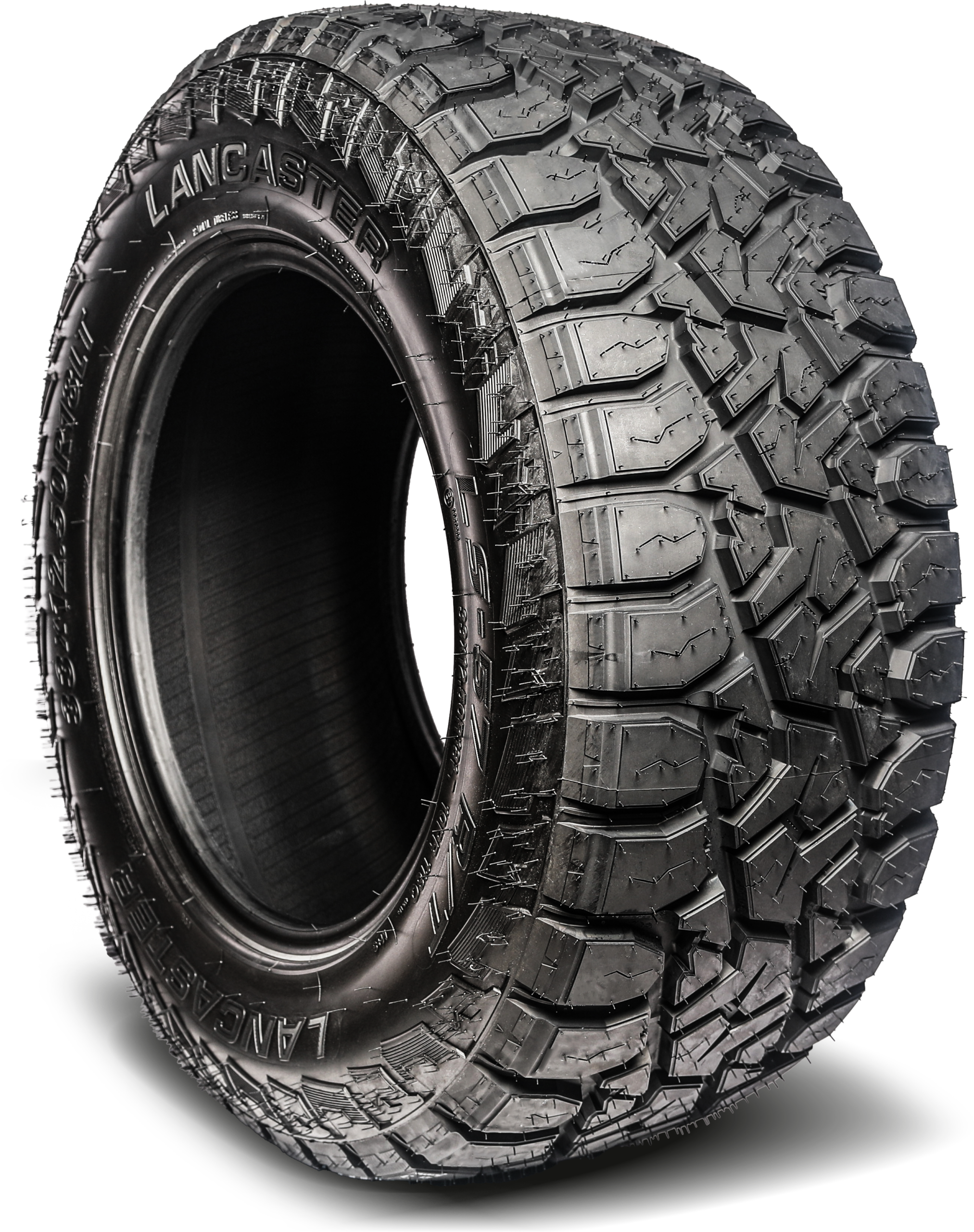 LS-57 RT 45 dEGREE Lancaster LS-57 R/T rugged terrain light truck tire with aggressive tread pattern on black background