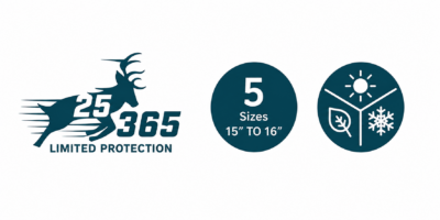 LC-78 Lancaster LC-78 Limited Protection badge showing 5 sizes from 15 to 16 inches and all-season rating