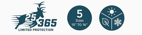 Lancaster LC-78 Limited Protection badge showing 5 sizes from 15 to 16 inches and all-season rating
